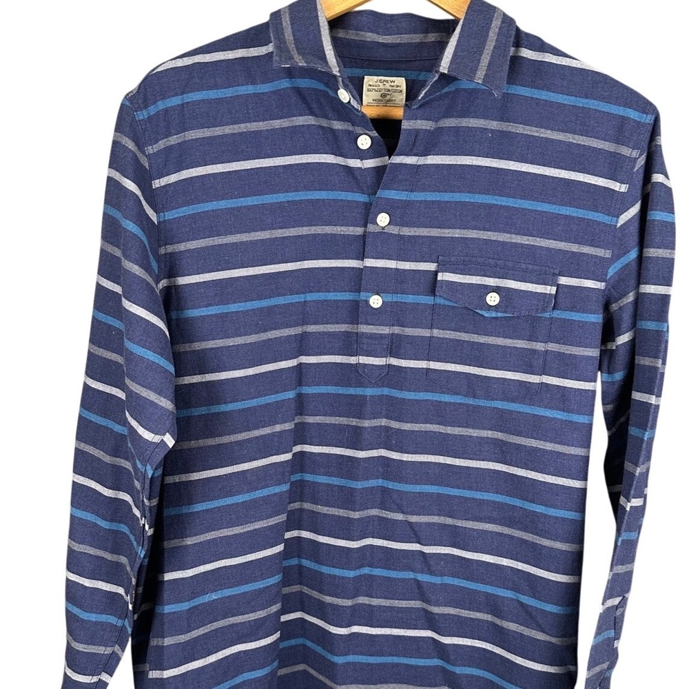 J.Crew Mens Workshirt Popover Long Sleeve Striped Cotton Blue Grey Medium